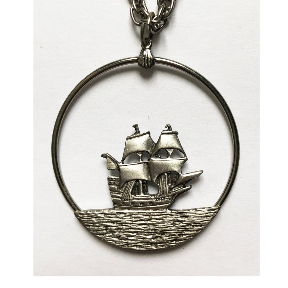 Boat Pendant Necklace Silver Vintage